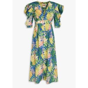 Farm Rio Midi Dress Star Fruit Puff Sleeve Preppy Boho Vacay Coastal Large NWT